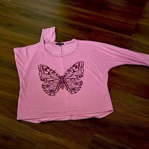 Pink Asymmetrical Long Sleeve Tee with Black Butterfly